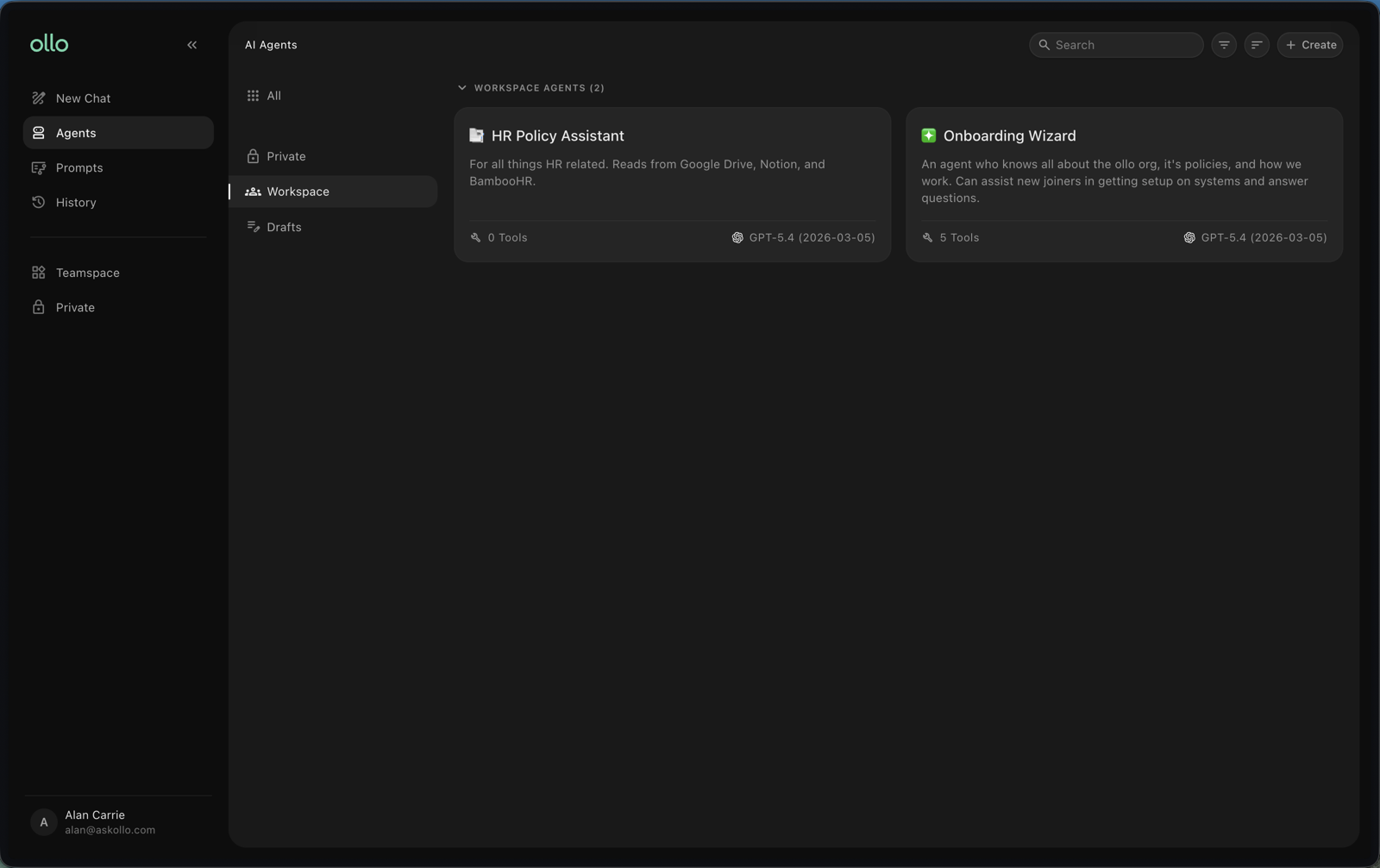 A shared agent available in the workspace