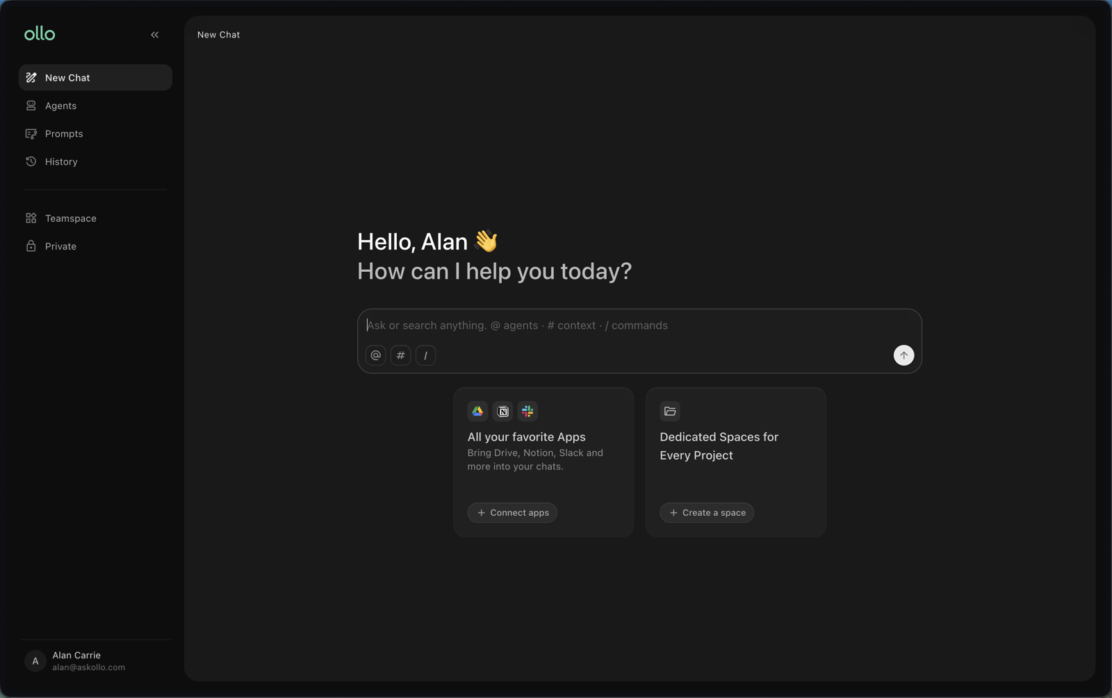 The Askollo dashboard after signing in