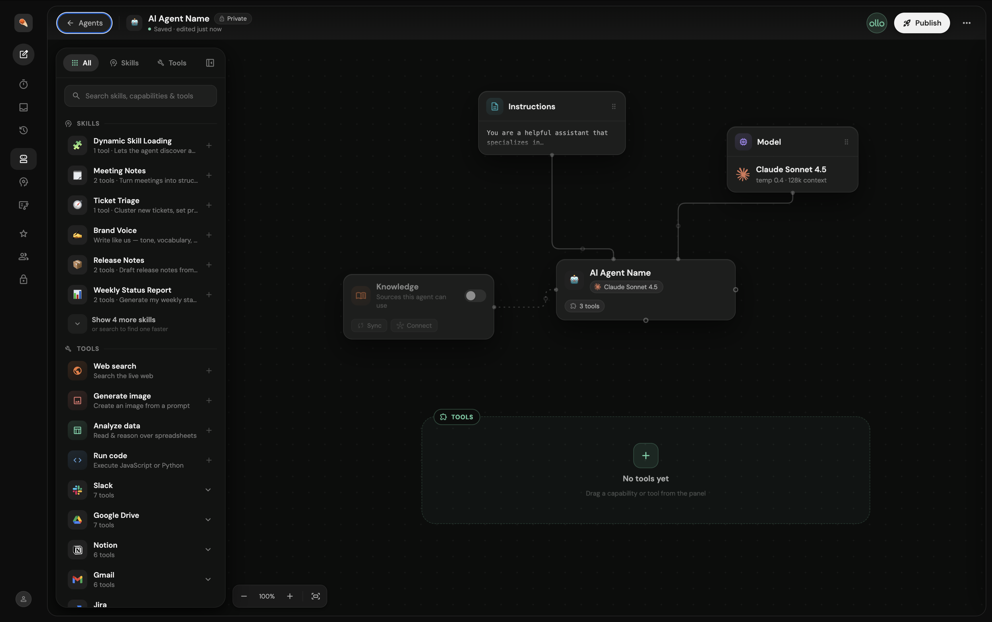 Agent Builder with Create agent highlighted.