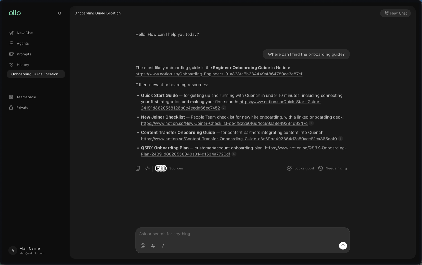 A generated answer in Search