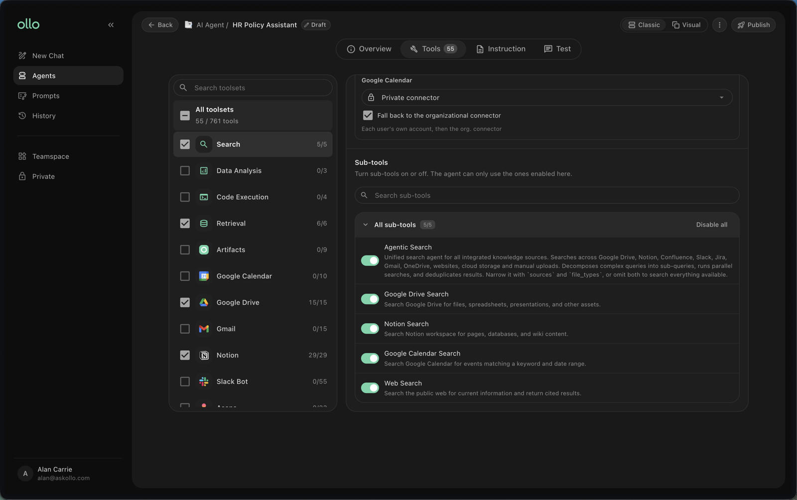 Reviewing the tools enabled for an agent