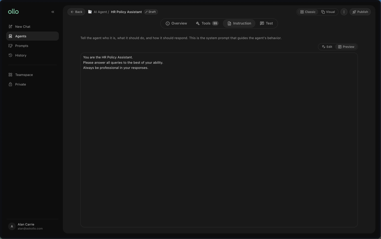Editing an agent's instructions