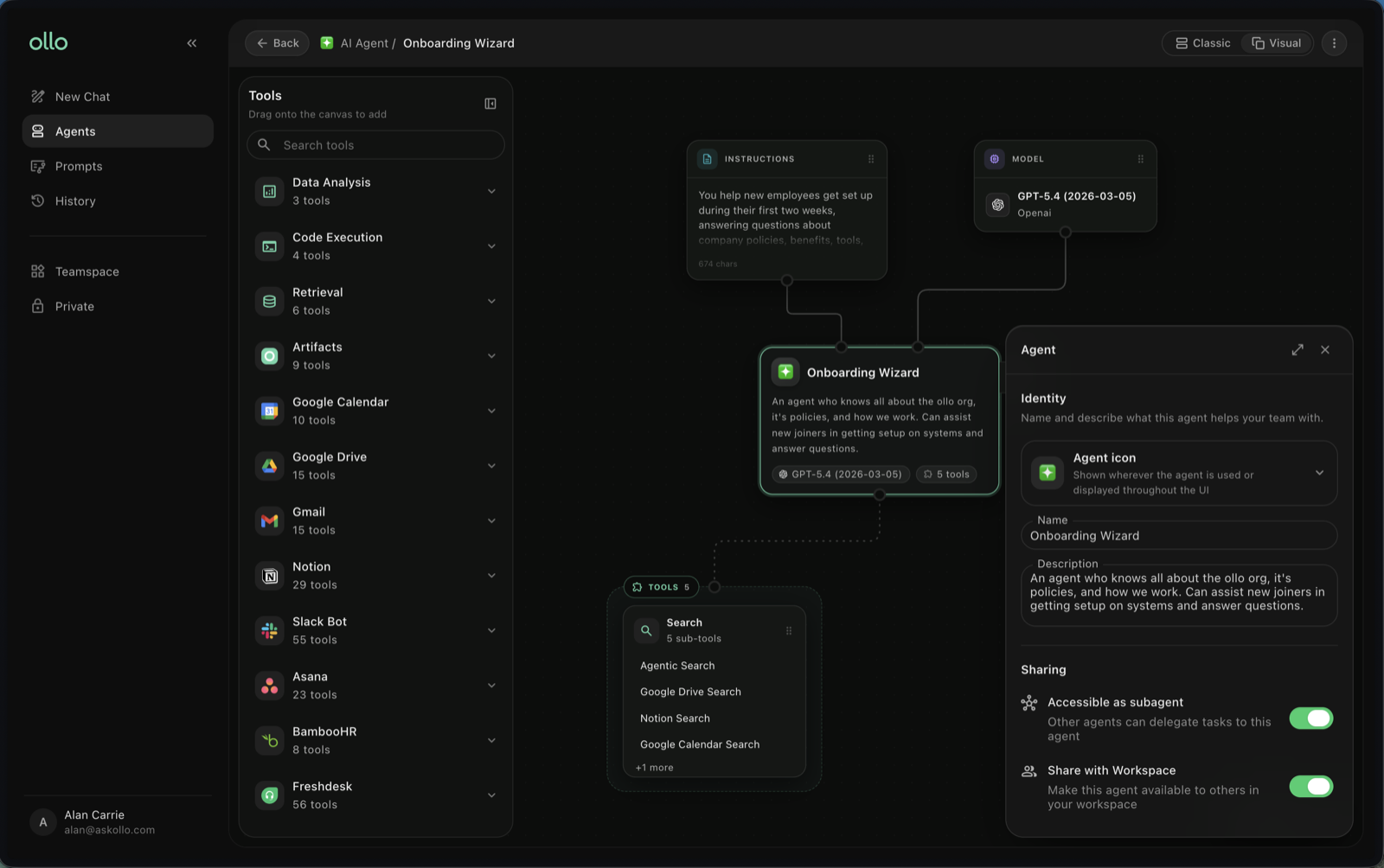 The create agent screen