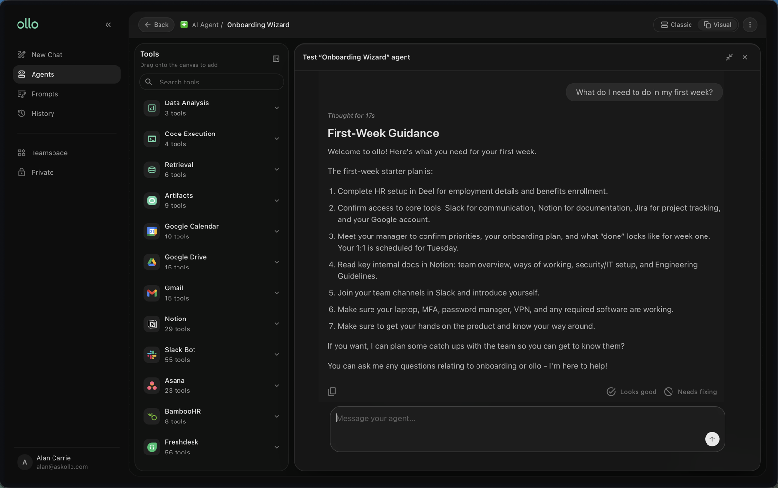 The agent testing interface