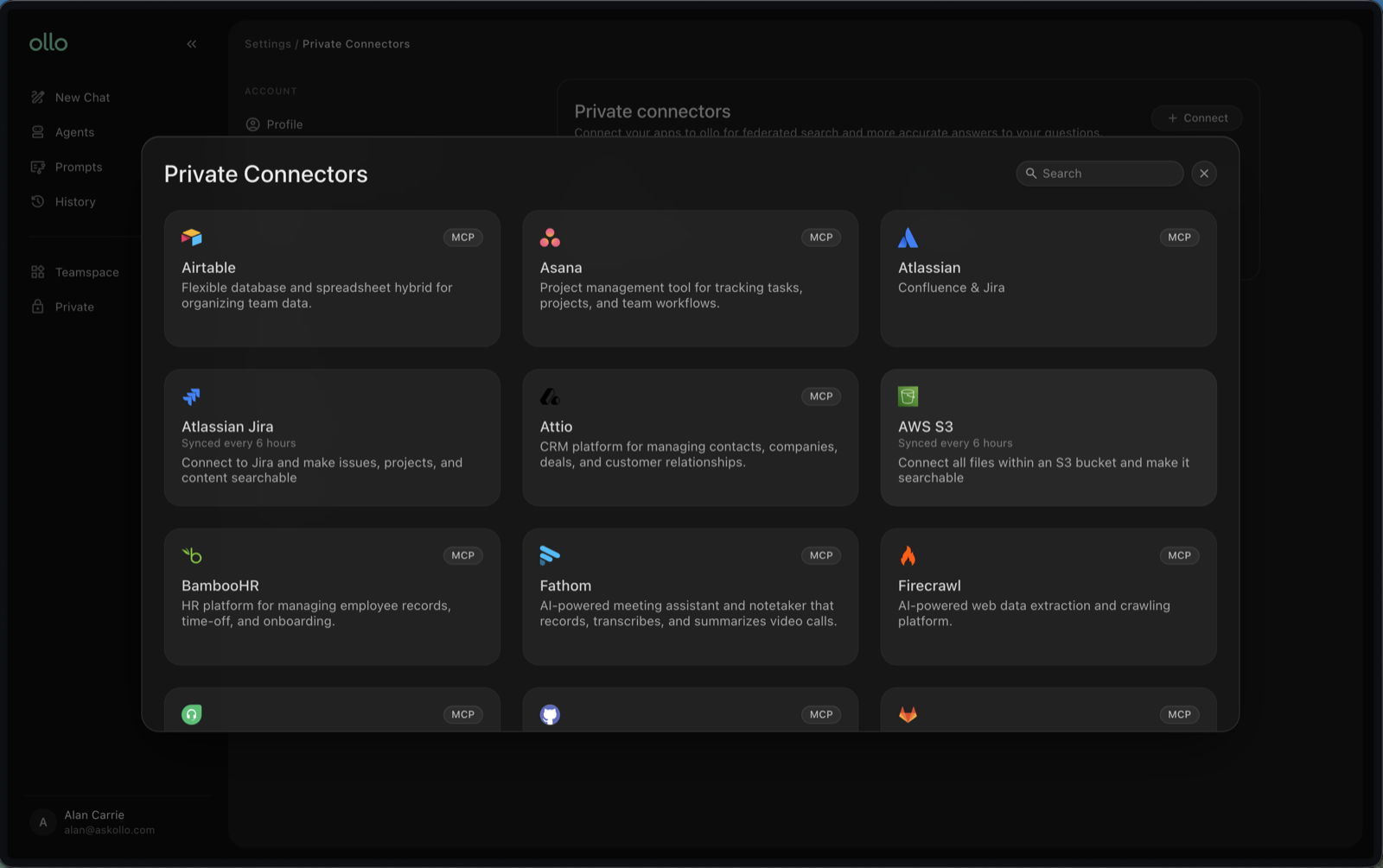 The Org Connectors settings screen