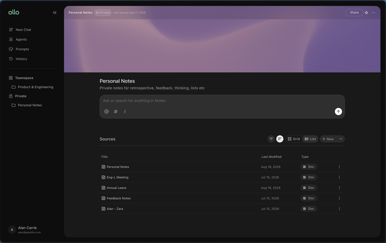 Teamspaces and private Spaces in the sidebar