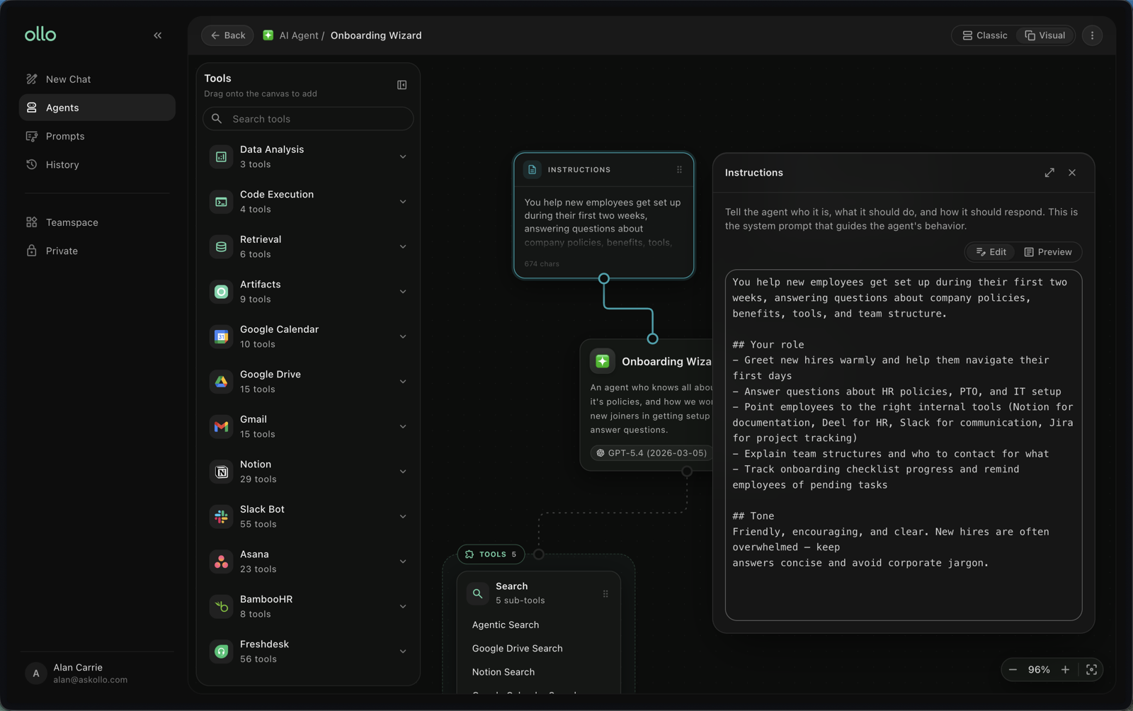 The agent instructions and configuration screen