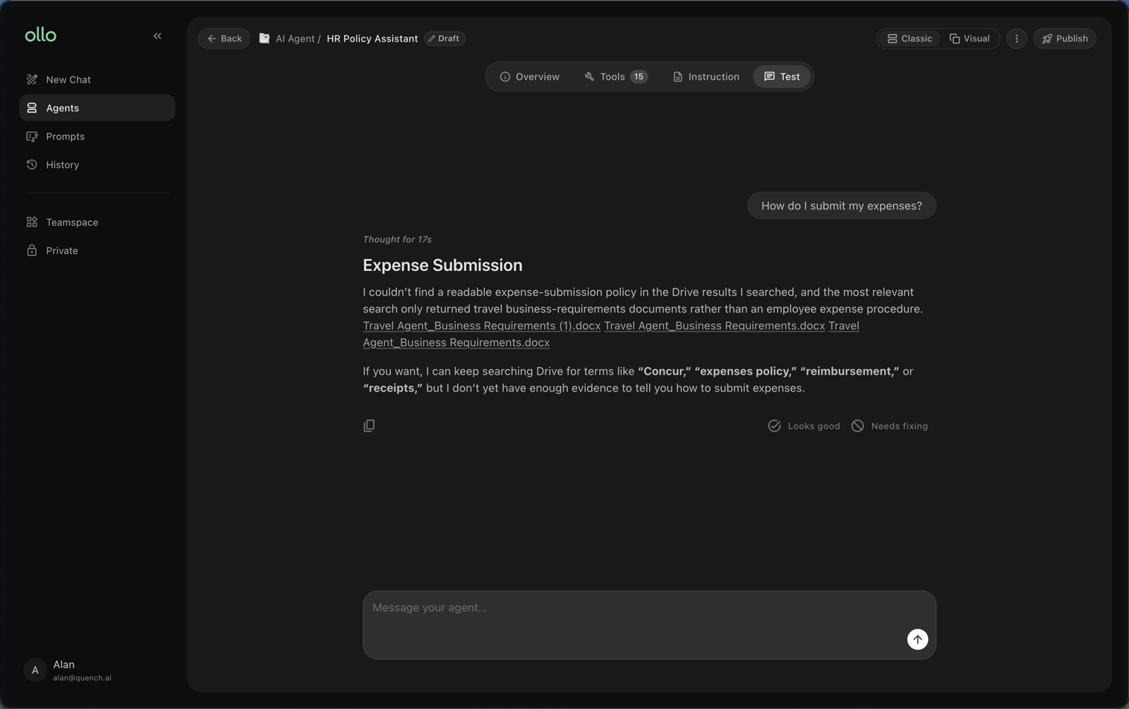 Retesting an agent after refining its instructions