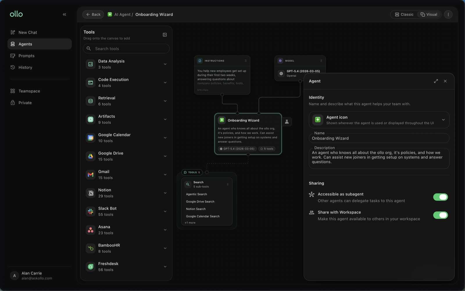 The sharing settings for an agent